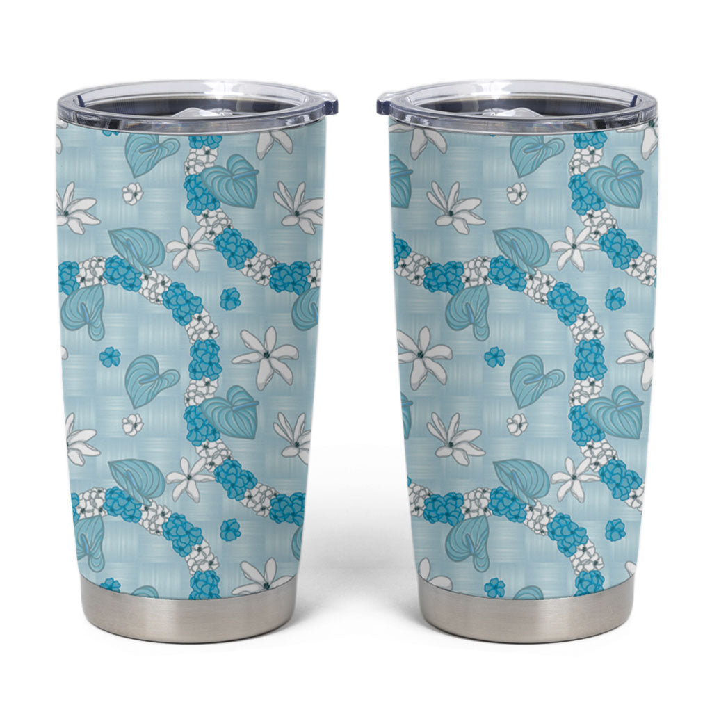 Hawaii Anthurium Tiare Pikake Lei Tumbler Cup UliUli Lauhala Art Pattern LT01 Blue - Polynesian Pride