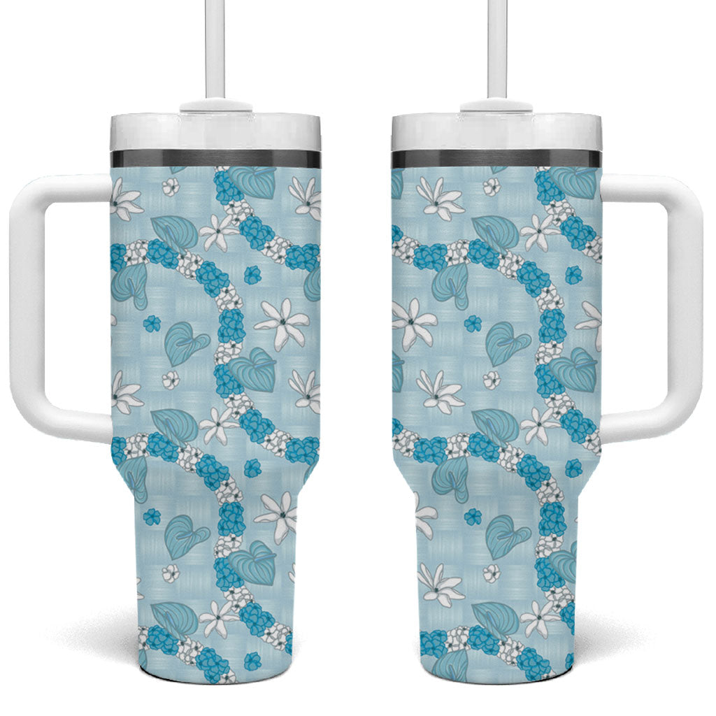 Hawaii Anthurium Tiare Pikake Lei Tumbler With Handle UliUli Lauhala Art Pattern LT01 One Size: 40 oz Blue - Polynesian Pride