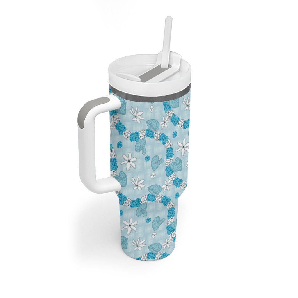 Hawaii Anthurium Tiare Pikake Lei Tumbler With Handle UliUli Lauhala Art Pattern LT01 - Polynesian Pride