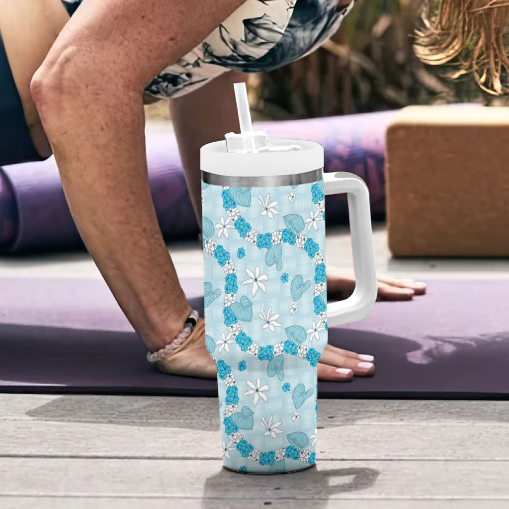 Hawaii Anthurium Tiare Pikake Lei Tumbler With Handle UliUli Lauhala Art Pattern LT01 - Polynesian Pride