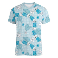 Hawaii Anthurium Tiare Pikake Lei Women V-Neck T-Shirt UliUli Lauhala Art Pattern LT01 Female Blue - Polynesian Pride