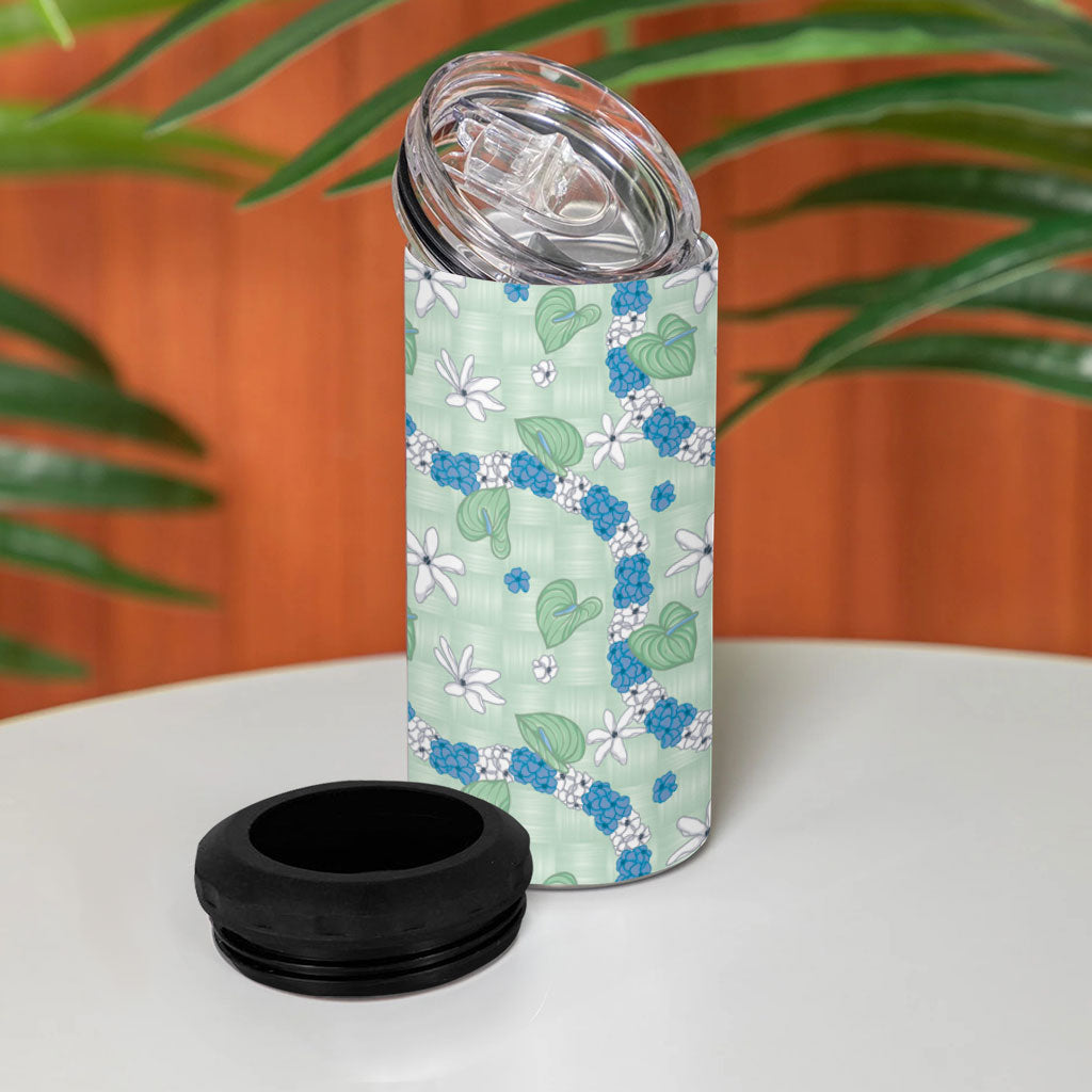 Hawaii Anthurium Tiare Pikake Lei 4 in 1 Can Cooler Tumbler Omaomao Lauhala Art Pattern