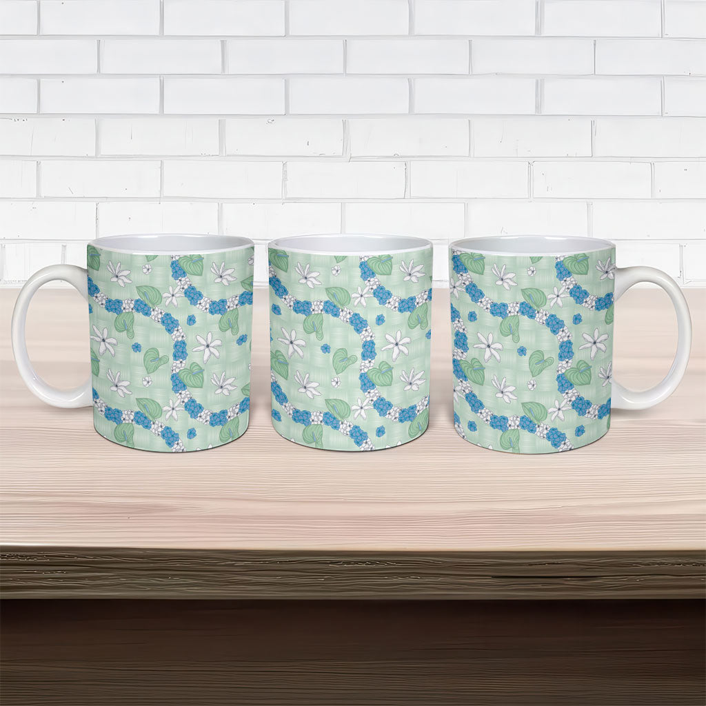 Hawaii Anthurium Tiare Pikake Lei Ceramic Mug Omaomao Lauhala Art Pattern