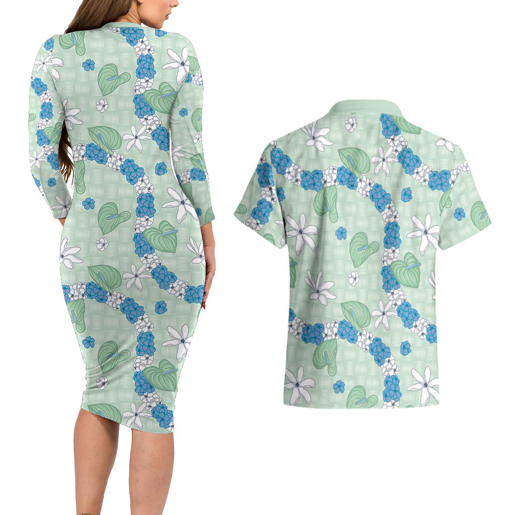 Hawaii Anthurium Tiare Pikake Lei Couples Matching Long Sleeve Bodycon Dress and Hawaiian Shirt Omaomao Lauhala Art Pattern LT01 - Polynesian Pride