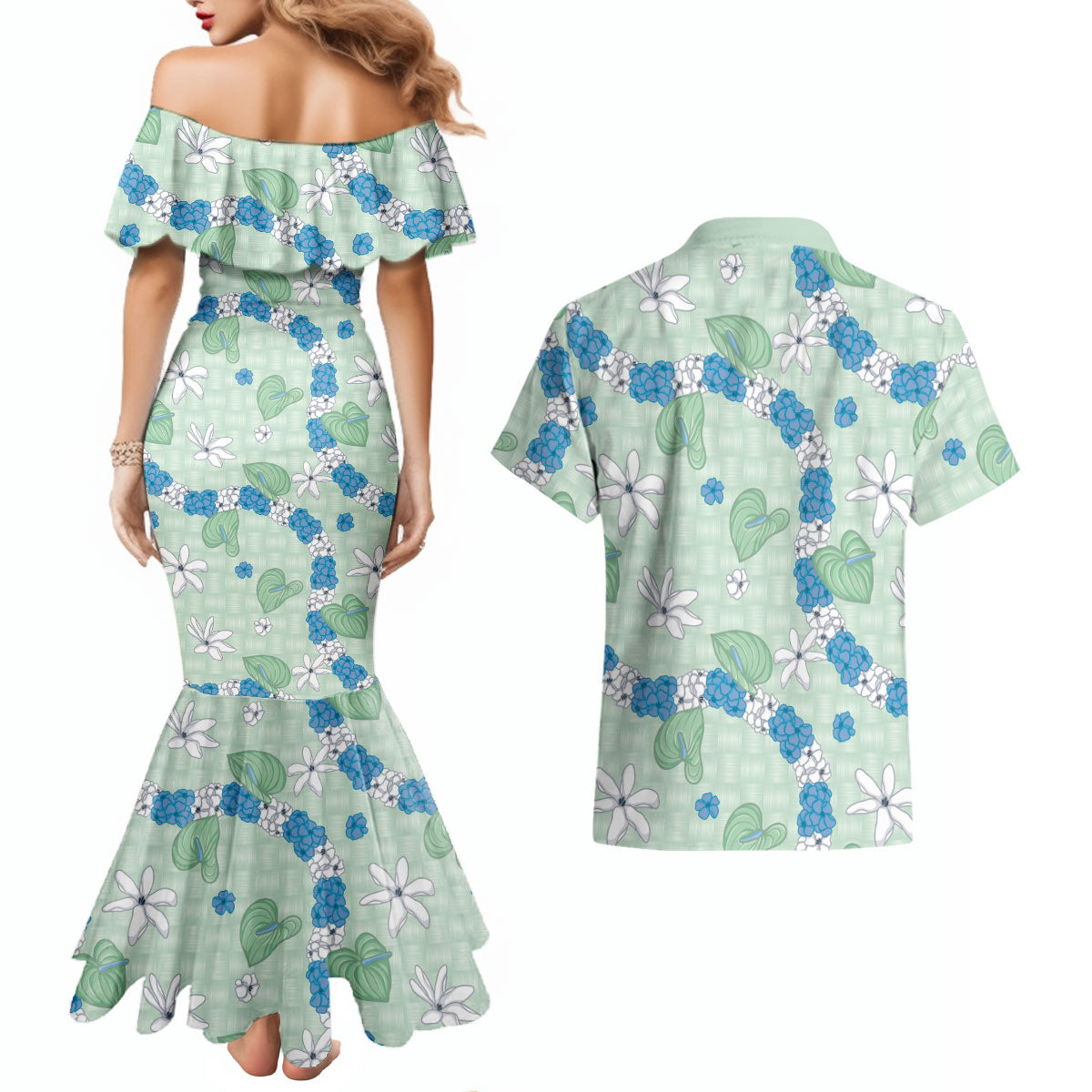 Hawaii Anthurium Tiare Pikake Lei Couples Matching Mermaid Dress and Hawaiian Shirt Omaomao Lauhala Art Pattern LT01 - Polynesian Pride