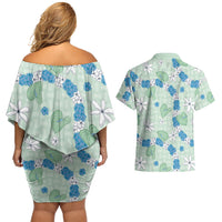 Hawaii Anthurium Tiare Pikake Lei Couples Matching Off Shoulder Short Dress and Hawaiian Shirt Omaomao Lauhala Art Pattern LT01 - Polynesian Pride
