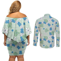 Hawaii Anthurium Tiare Pikake Lei Couples Matching Off Shoulder Short Dress and Long Sleeve Button Shirt Omaomao Lauhala Art Pattern