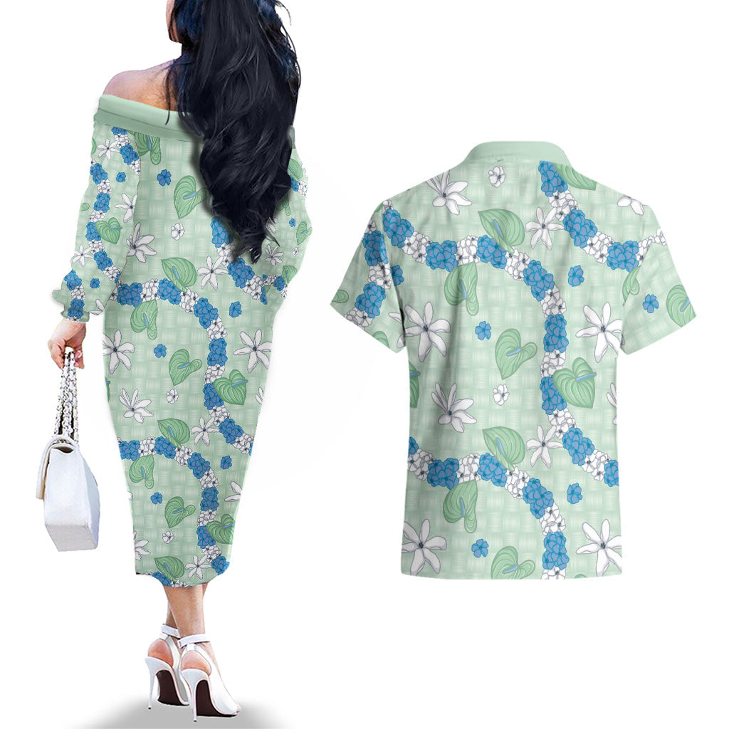 Hawaii Anthurium Tiare Pikake Lei Couples Matching Off The Shoulder Long Sleeve Dress and Hawaiian Shirt Omaomao Lauhala Art Pattern LT01 - Polynesian Pride