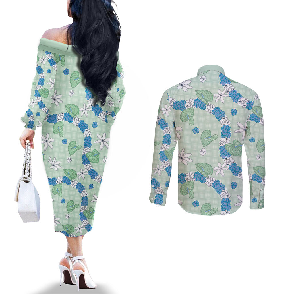 Hawaii Anthurium Tiare Pikake Lei Couples Matching Off The Shoulder Long Sleeve Dress and Long Sleeve Button Shirt Omaomao Lauhala Art Pattern LT01 - Polynesian Pride