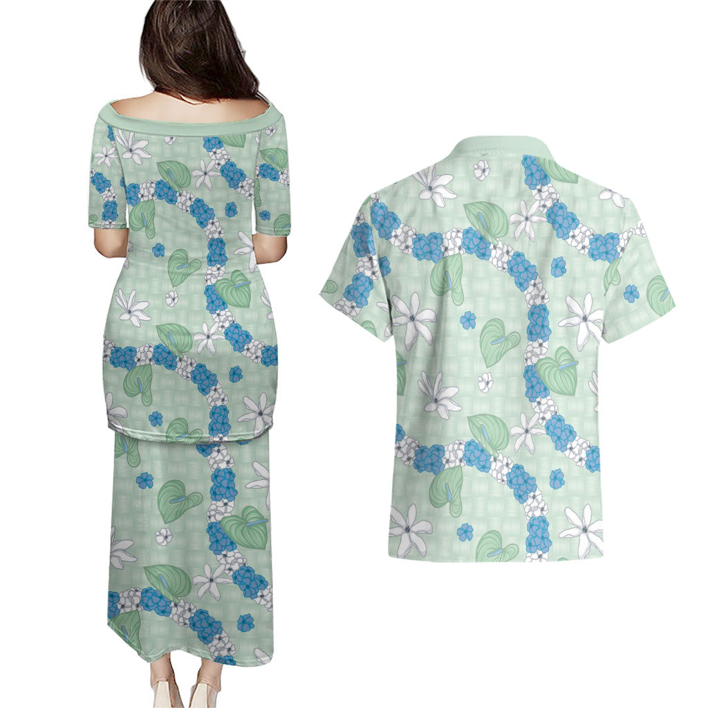 Hawaii Anthurium Tiare Pikake Lei Couples Matching Puletasi and Hawaiian Shirt Omaomao Lauhala Art Pattern