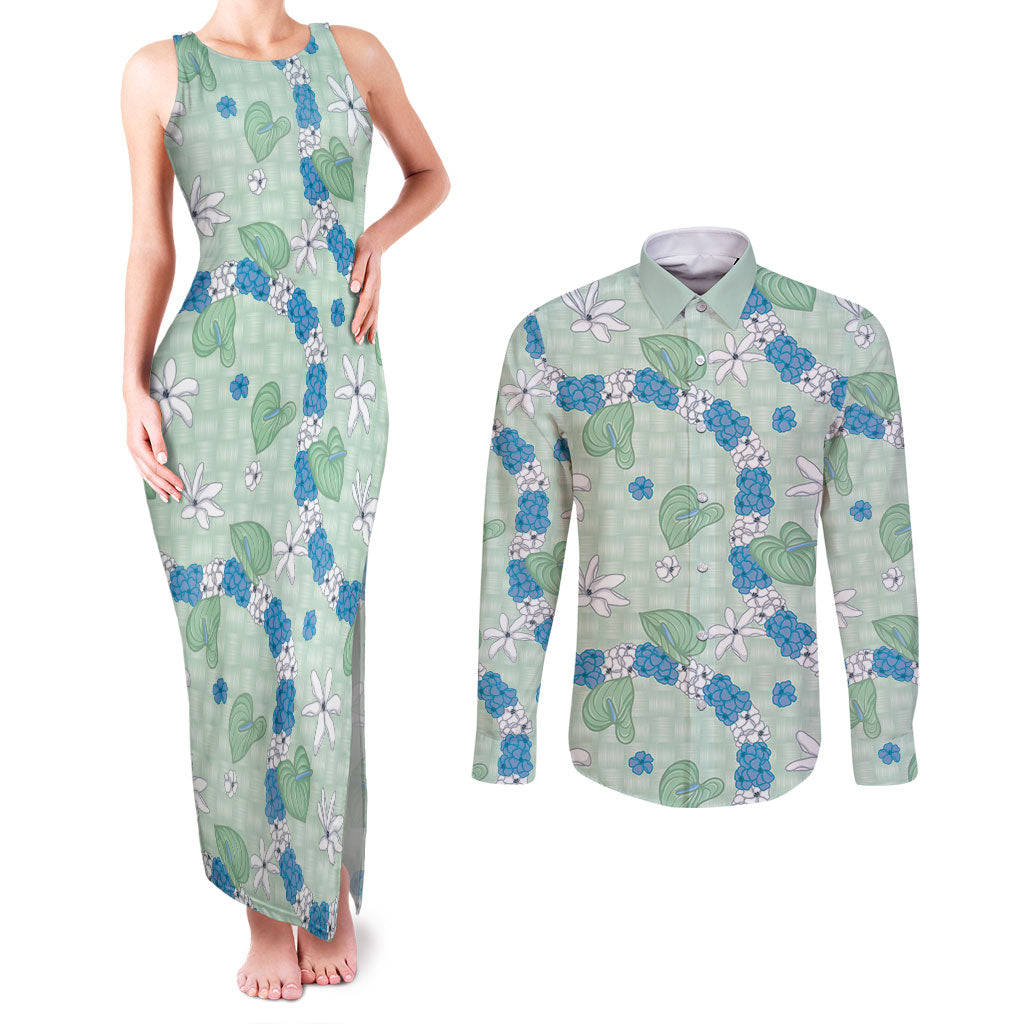 Hawaii Anthurium Tiare Pikake Lei Couples Matching Tank Maxi Dress and Long Sleeve Button Shirt Omaomao Lauhala Art Pattern LT01 Green - Polynesian Pride