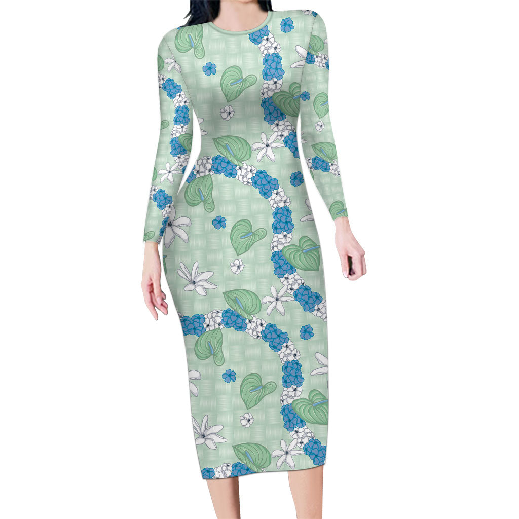 Hawaii Anthurium Tiare Pikake Lei Family Matching Long Sleeve Bodycon Dress and Hawaiian Shirt Omaomao Lauhala Art Pattern LT01 Mom's Dress Green - Polynesian Pride