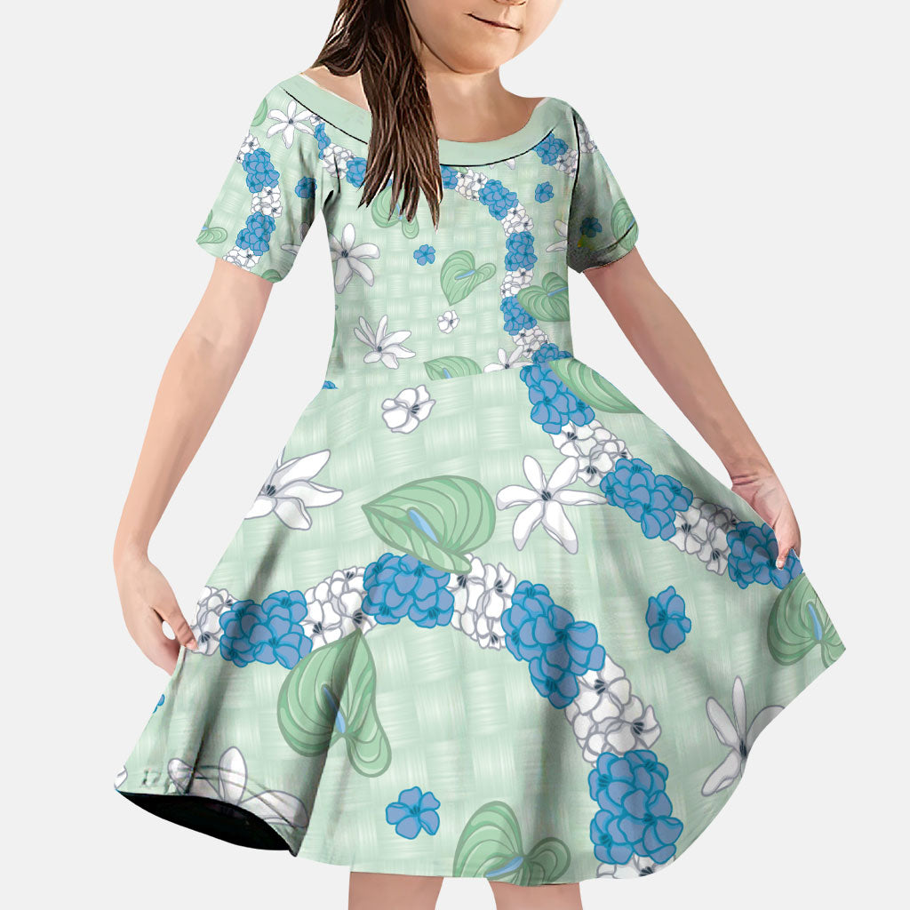 Hawaii Anthurium Tiare Pikake Lei Family Matching Mermaid Dress and Hawaiian Shirt Omaomao Lauhala Art Pattern LT01 Daughter's Dress Green - Polynesian Pride