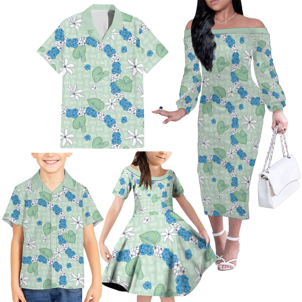 Hawaii Anthurium Tiare Pikake Lei Family Matching Off The Shoulder Long Sleeve Dress and Hawaiian Shirt Omaomao Lauhala Art Pattern