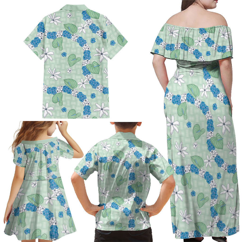 Hawaii Anthurium Tiare Pikake Lei Family Matching Off Shoulder Maxi Dress and Hawaiian Shirt Omaomao Lauhala Art Pattern LT01 - Polynesian Pride