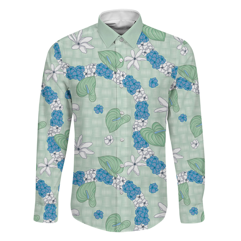Hawaii Anthurium Tiare Pikake Lei Family Matching Off Shoulder Short Dress and Hawaiian Shirt Omaomao Lauhala Art Pattern LT01 Dad's Shirt - Long Sleeve Green - Polynesian Pride