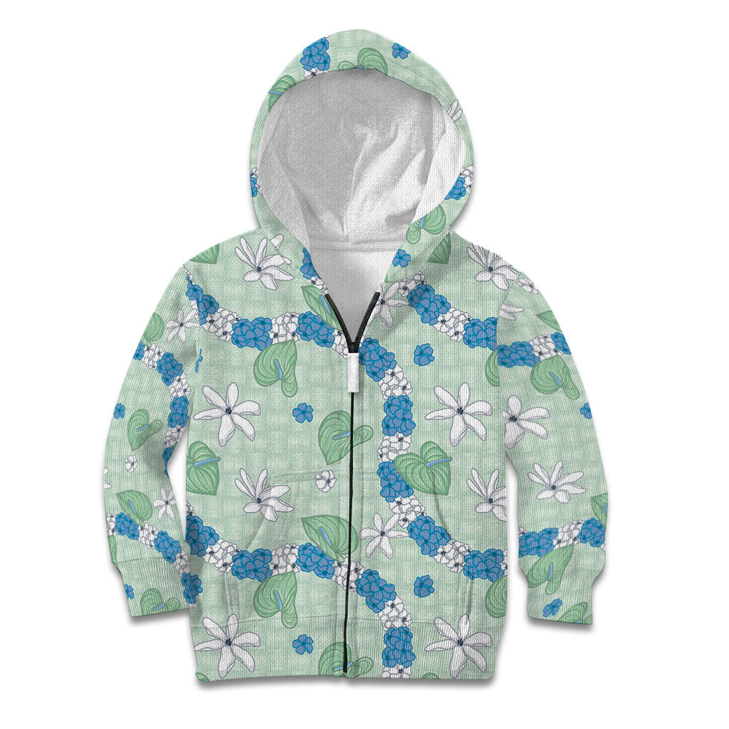 Hawaii Anthurium Tiare Pikake Lei Kid Hoodie Omaomao Lauhala Art Pattern LT01 Zip Hoodie Green - Polynesian Pride