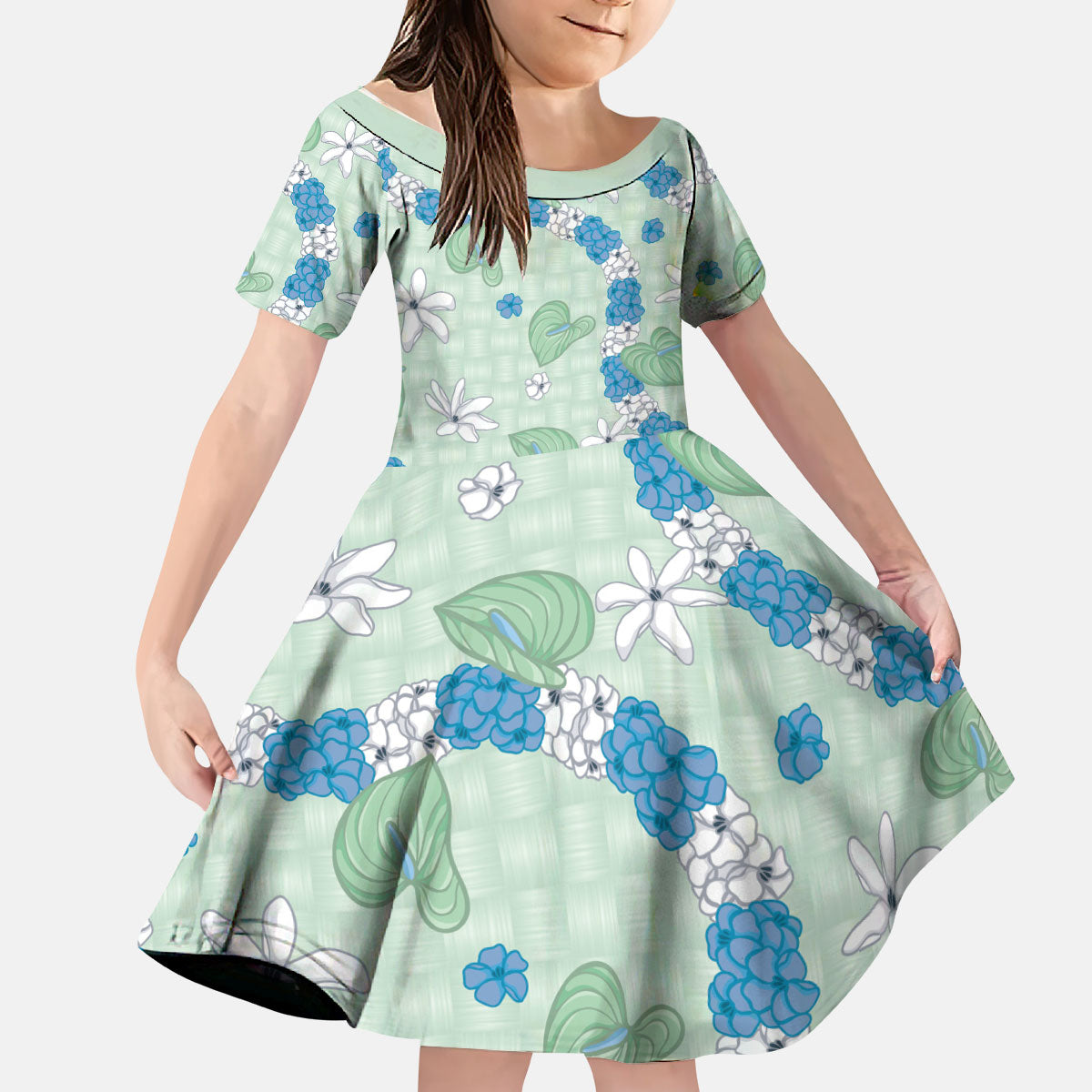 Hawaii Anthurium Tiare Pikake Lei Kid Short Sleeve Dress Omaomao Lauhala Art Pattern