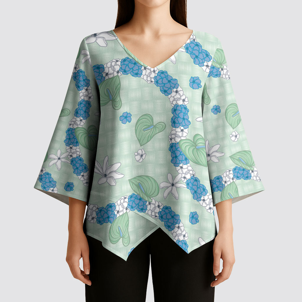 Hawaii Anthurium Tiare Pikake Lei Kimono Sleeve Blouse Omaomao Lauhala Art Pattern