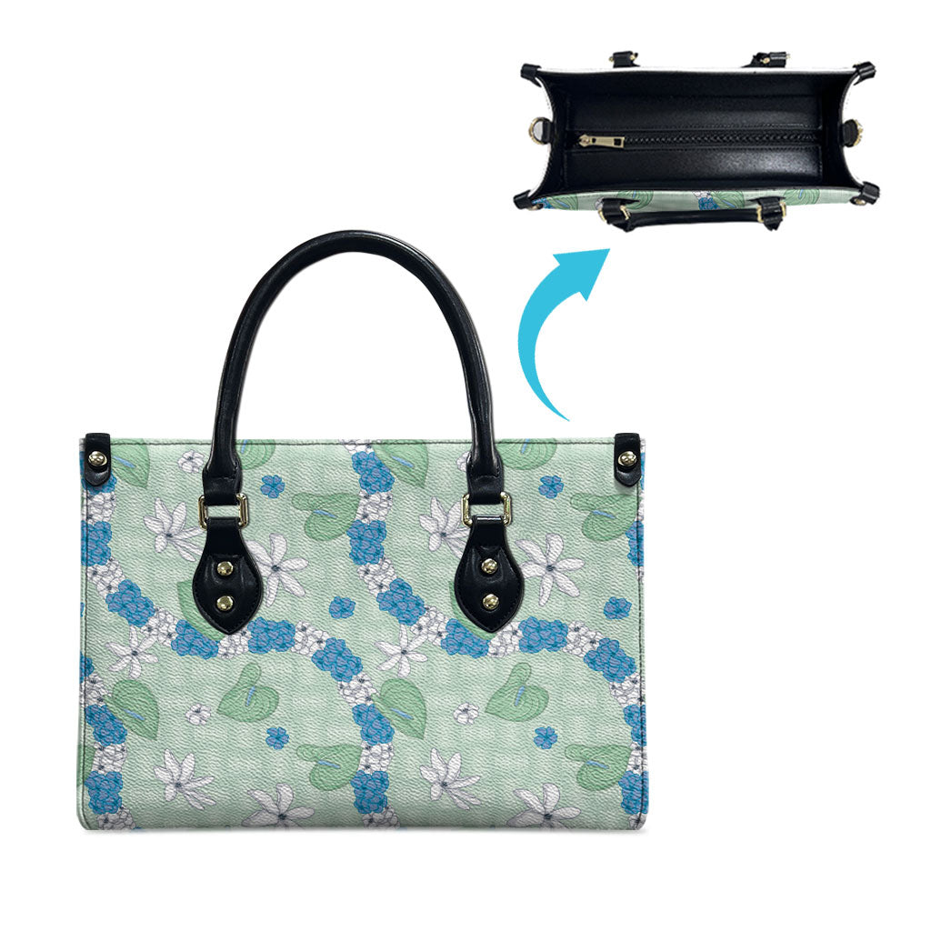Hawaii Anthurium Tiare Pikake Lei Leather Bag Omaomao Lauhala Art Pattern
