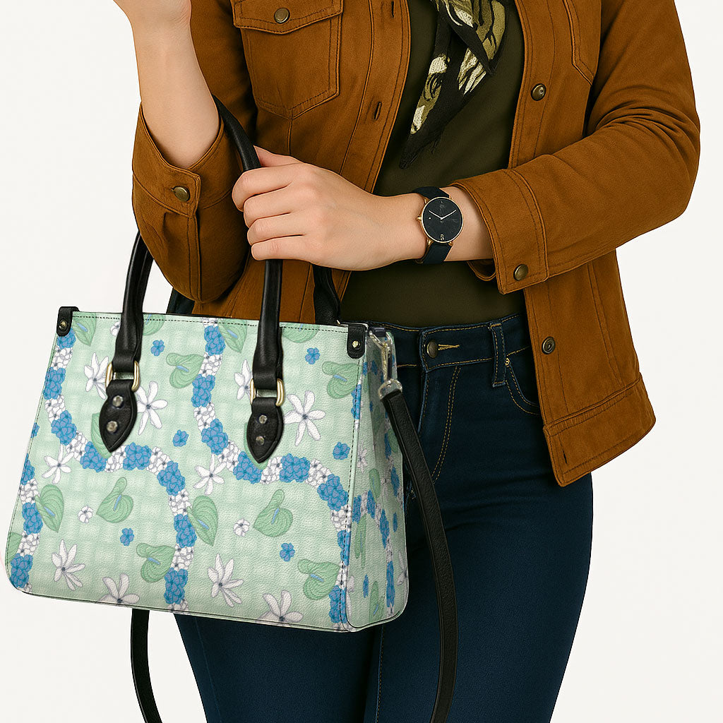 Hawaii Anthurium Tiare Pikake Lei Leather Bag Omaomao Lauhala Art Pattern