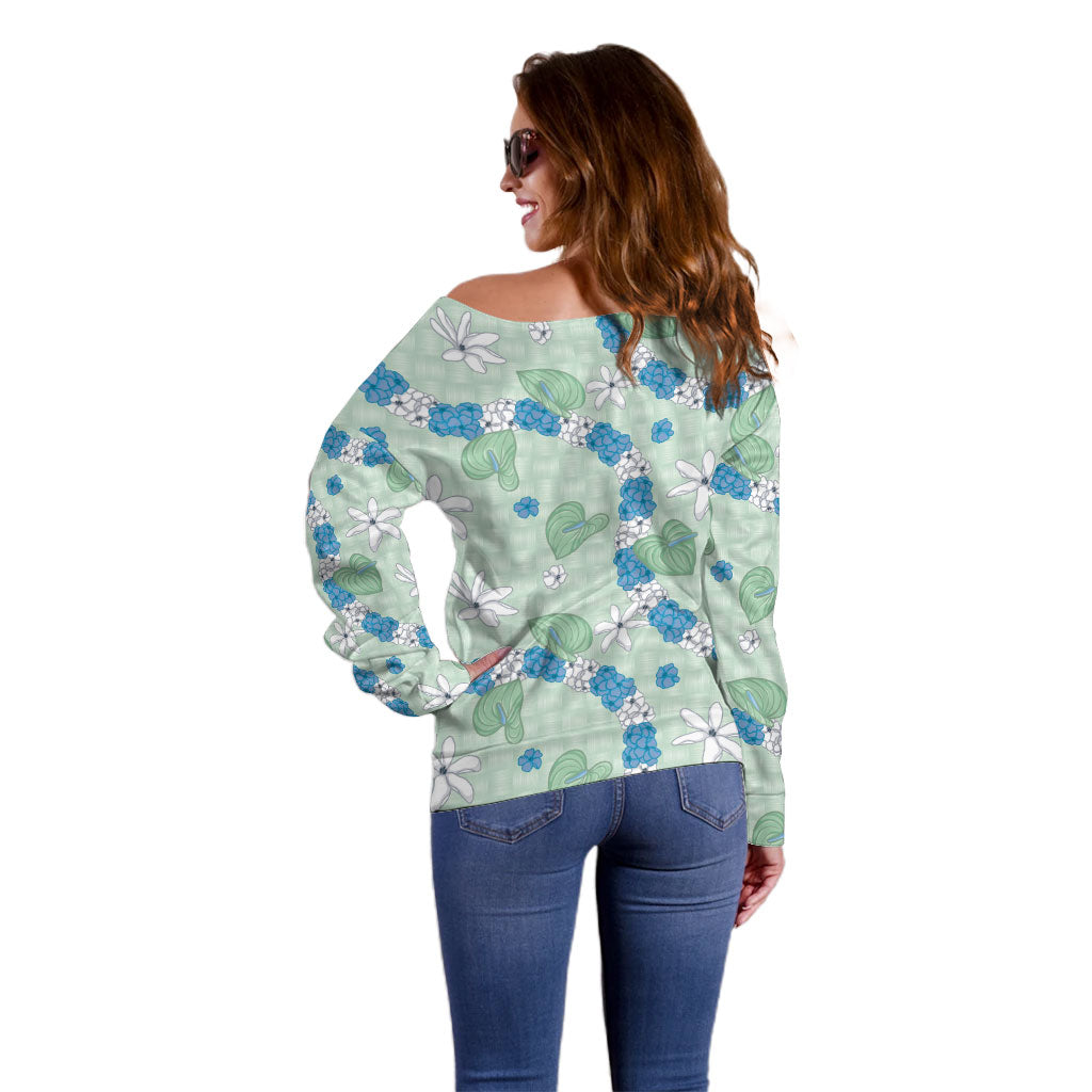 Hawaii Anthurium Tiare Pikake Lei Off Shoulder Sweater Omaomao Lauhala Art Pattern