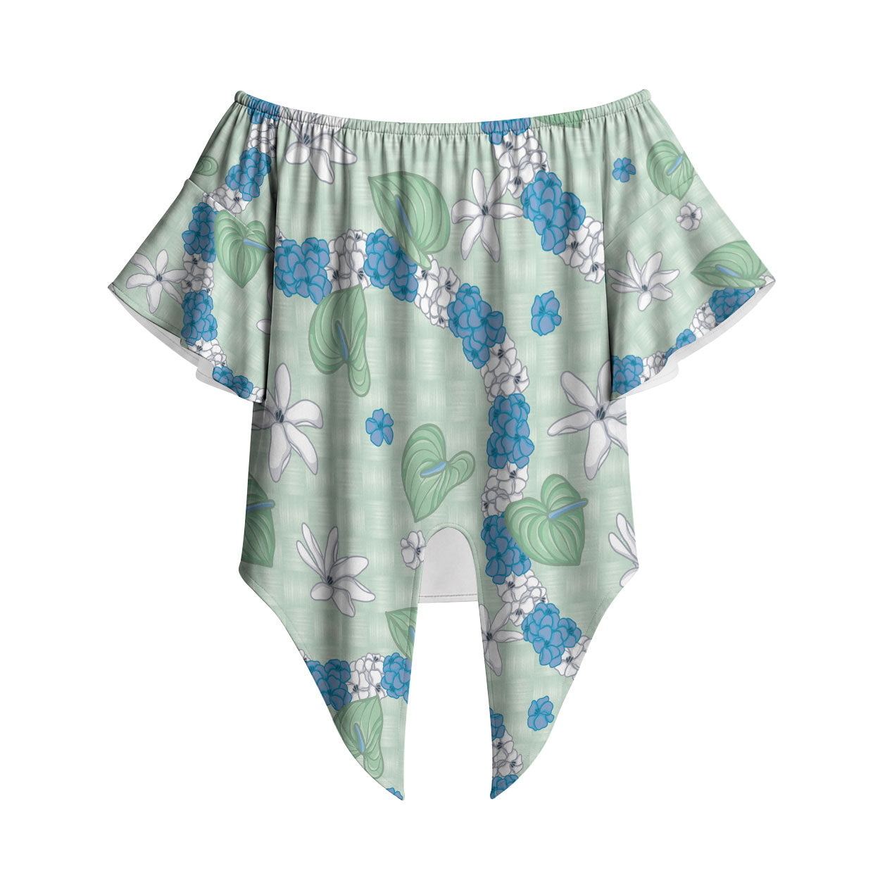 Hawaii Anthurium Tiare Pikake Lei Off Shoulder Wrap Waist Top Omaomao Lauhala Art Pattern LT01 Green - Polynesian Pride