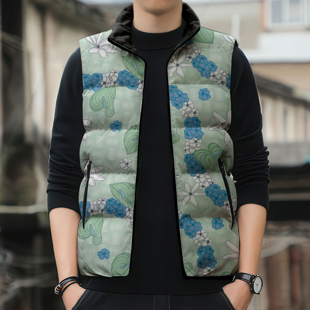 Hawaii Anthurium Tiare Pikake Lei Sleeveless Puffer Jacket Omaomao Lauhala Art Pattern