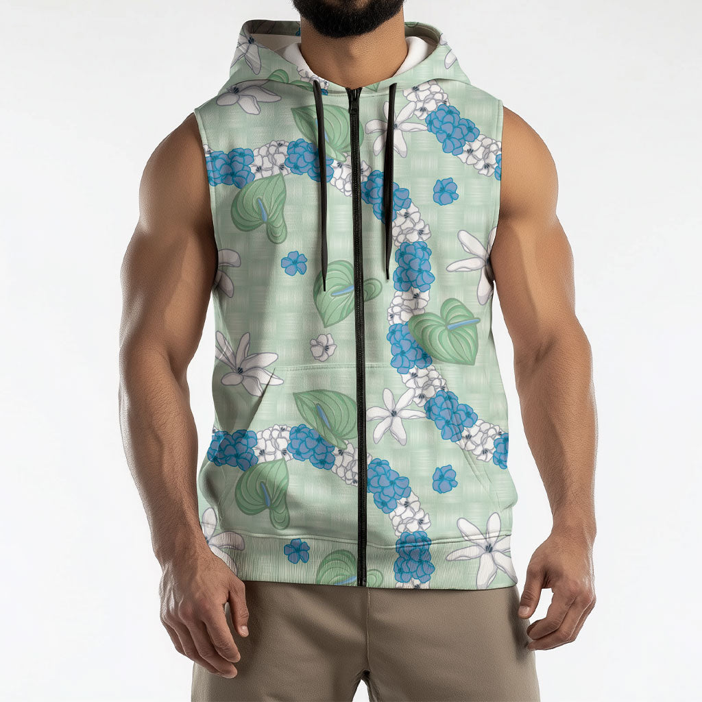 Hawaii Anthurium Tiare Pikake Lei Sleeveless Zip Hoodie Omaomao Lauhala Art Pattern