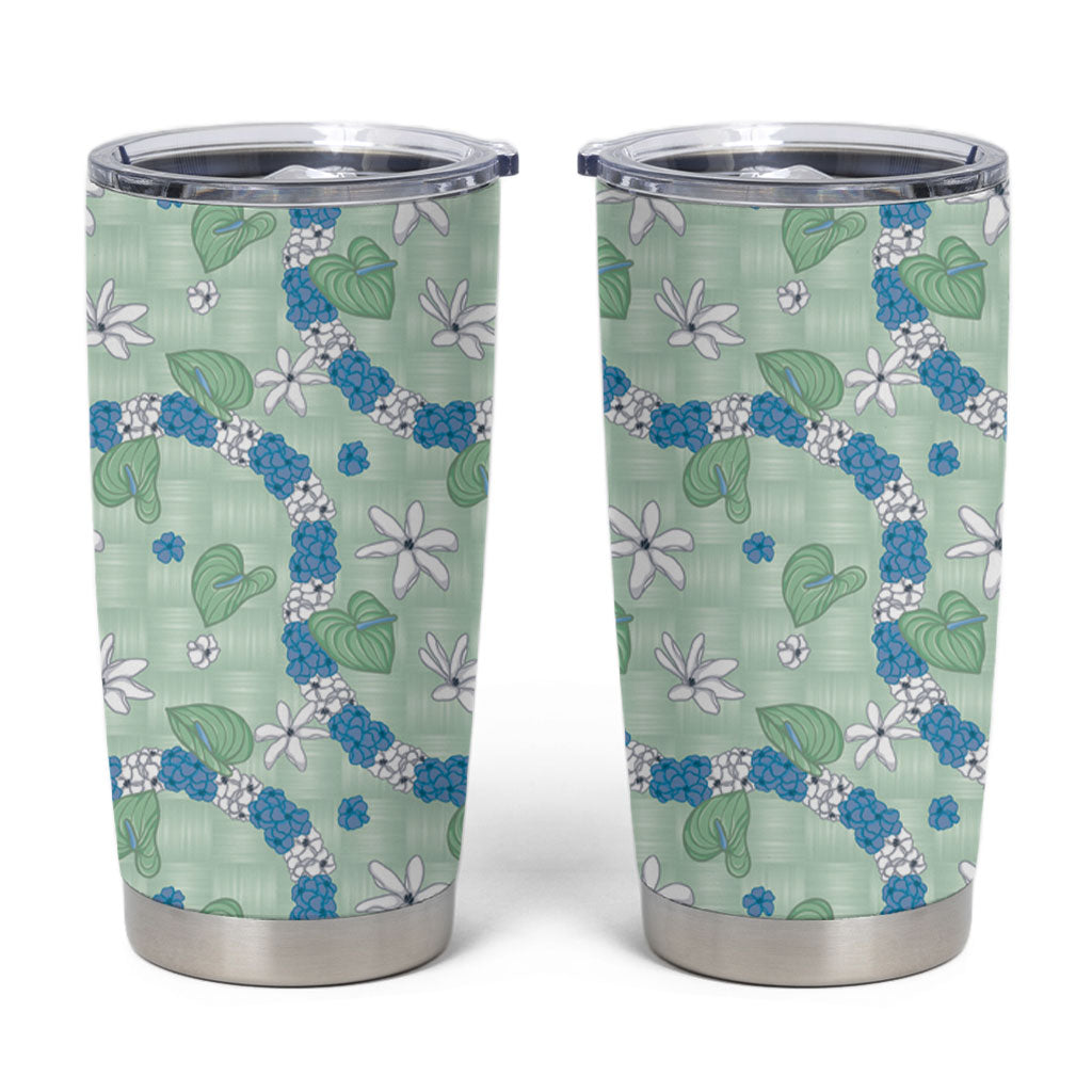 Hawaii Anthurium Tiare Pikake Lei Tumbler Cup Omaomao Lauhala Art Pattern