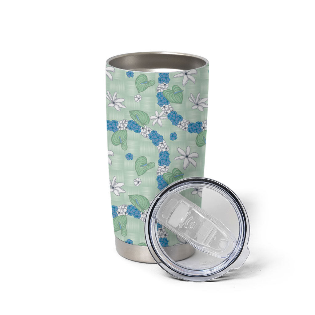 Hawaii Anthurium Tiare Pikake Lei Tumbler Cup Omaomao Lauhala Art Pattern