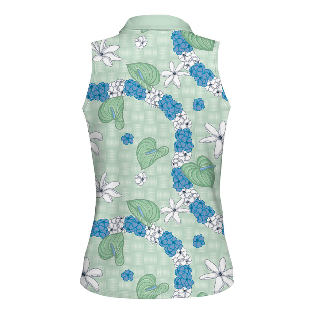 Hawaii Anthurium Tiare Pikake Lei Women Sleeveless Polo Shirt Omaomao Lauhala Art Pattern
