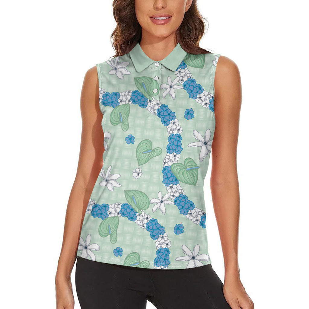 Hawaii Anthurium Tiare Pikake Lei Women Sleeveless Polo Shirt Omaomao Lauhala Art Pattern