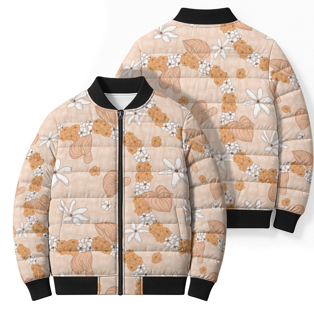 Hawaii Anthurium Tiare Pikake Lei Bomber Puffer Jacket Alani Lauhala Art Pattern