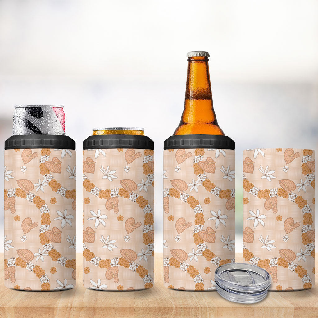Hawaii Anthurium Tiare Pikake Lei 4 in 1 Can Cooler Tumbler Alani Lauhala Art Pattern
