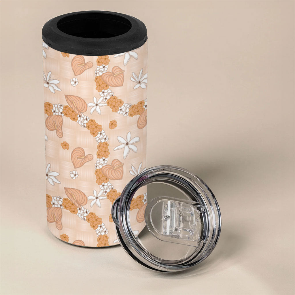 Hawaii Anthurium Tiare Pikake Lei 4 in 1 Can Cooler Tumbler Alani Lauhala Art Pattern