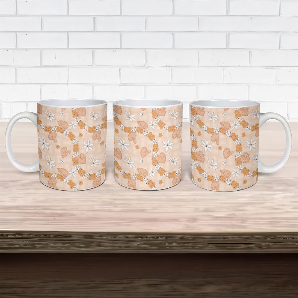 Hawaii Anthurium Tiare Pikake Lei Ceramic Mug Alani Lauhala Art Pattern