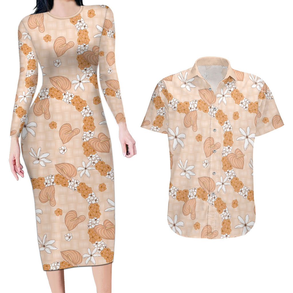 Hawaii Anthurium Tiare Pikake Lei Couples Matching Long Sleeve Bodycon Dress and Hawaiian Shirt Alani Lauhala Art Pattern LT01 Orange - Polynesian Pride