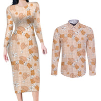 Hawaii Anthurium Tiare Pikake Lei Couples Matching Long Sleeve Bodycon Dress and Long Sleeve Button Shirt Alani Lauhala Art Pattern LT01 Orange - Polynesian Pride