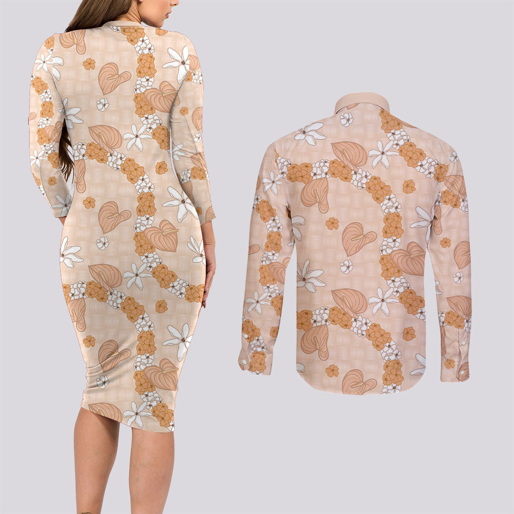 Hawaii Anthurium Tiare Pikake Lei Couples Matching Long Sleeve Bodycon Dress and Long Sleeve Button Shirt Alani Lauhala Art Pattern LT01 - Polynesian Pride