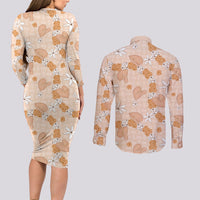 Hawaii Anthurium Tiare Pikake Lei Couples Matching Long Sleeve Bodycon Dress and Long Sleeve Button Shirt Alani Lauhala Art Pattern LT01 - Polynesian Pride