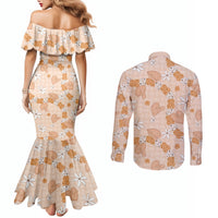 Hawaii Anthurium Tiare Pikake Lei Couples Matching Mermaid Dress and Long Sleeve Button Shirt Alani Lauhala Art Pattern