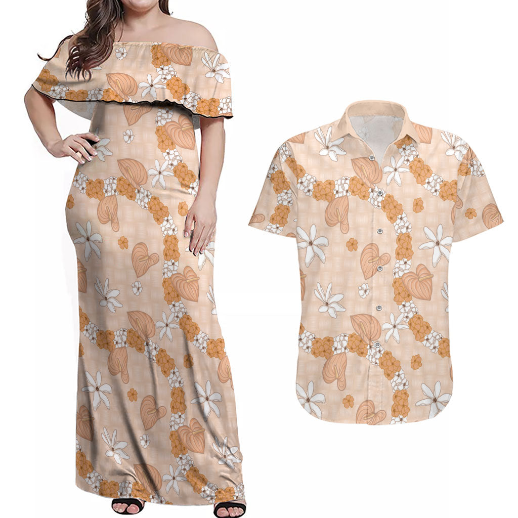 Hawaii Anthurium Tiare Pikake Lei Couples Matching Off Shoulder Maxi Dress and Hawaiian Shirt Alani Lauhala Art Pattern LT01 Orange - Polynesian Pride
