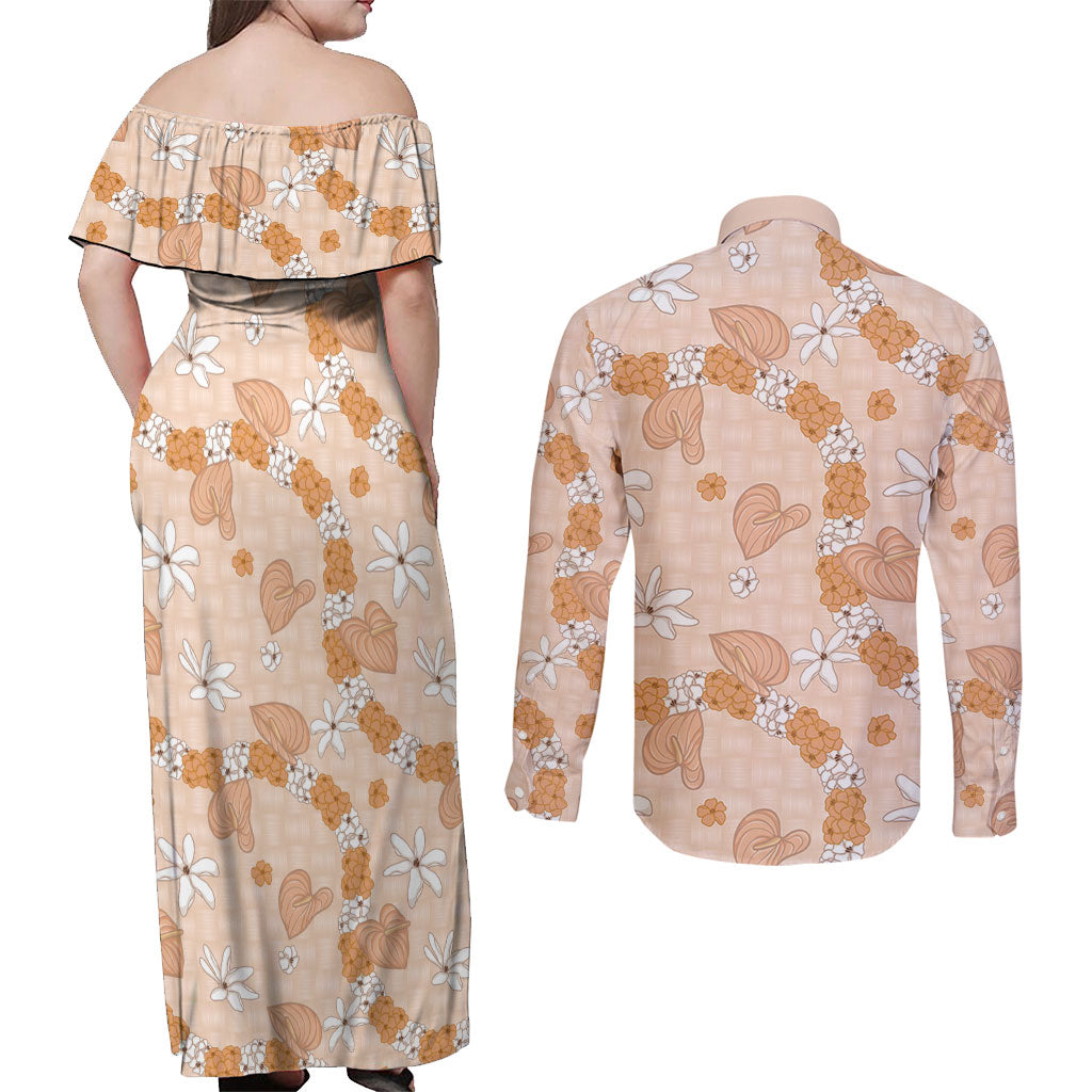 Hawaii Anthurium Tiare Pikake Lei Couples Matching Off Shoulder Maxi Dress and Long Sleeve Button Shirt Alani Lauhala Art Pattern