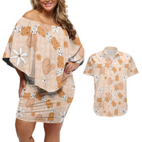 Hawaii Anthurium Tiare Pikake Lei Couples Matching Off Shoulder Short Dress and Hawaiian Shirt Alani Lauhala Art Pattern LT01 Orange - Polynesian Pride