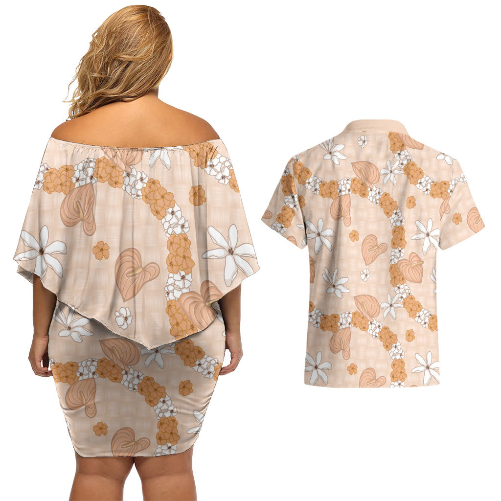 Hawaii Anthurium Tiare Pikake Lei Couples Matching Off Shoulder Short Dress and Hawaiian Shirt Alani Lauhala Art Pattern LT01 - Polynesian Pride