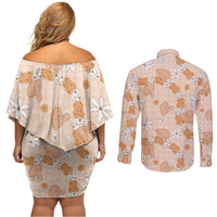 Hawaii Anthurium Tiare Pikake Lei Couples Matching Off Shoulder Short Dress and Long Sleeve Button Shirt Alani Lauhala Art Pattern