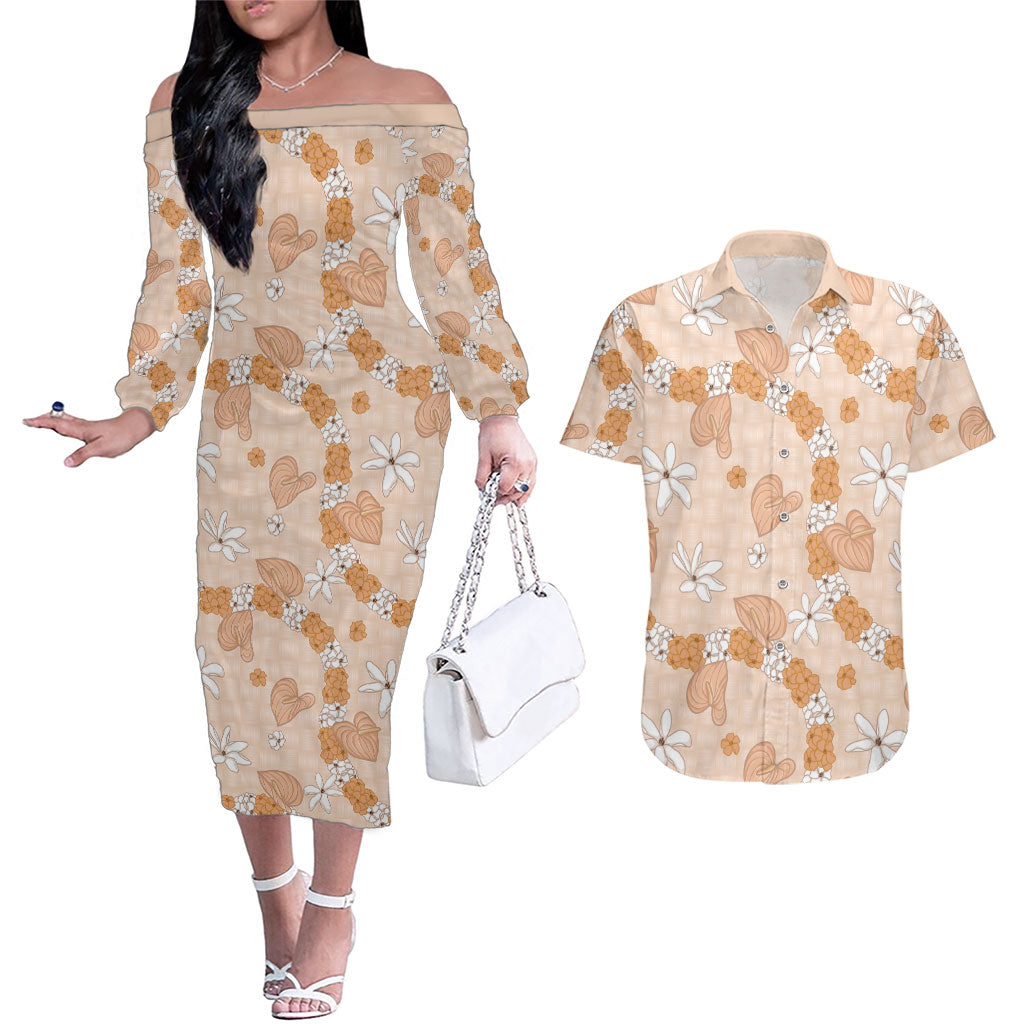 Hawaii Anthurium Tiare Pikake Lei Couples Matching Off The Shoulder Long Sleeve Dress and Hawaiian Shirt Alani Lauhala Art Pattern