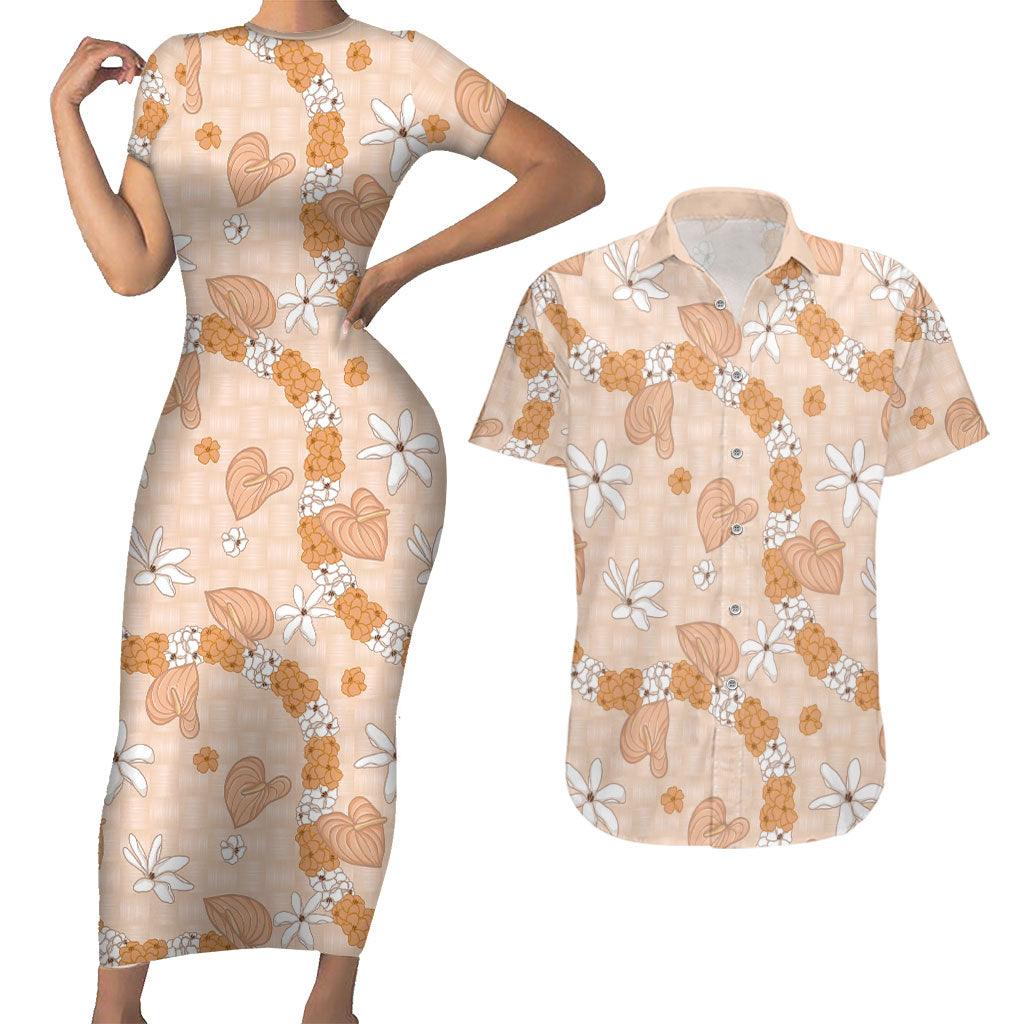 Hawaii Anthurium Tiare Pikake Lei Couples Matching Short Sleeve Bodycon Dress and Hawaiian Shirt Alani Lauhala Art Pattern LT01 Orange - Polynesian Pride