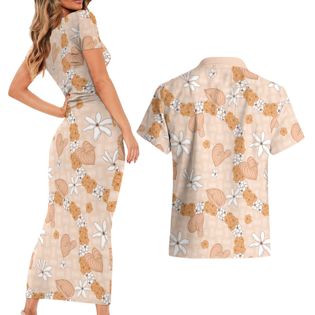 Hawaii Anthurium Tiare Pikake Lei Couples Matching Short Sleeve Bodycon Dress and Hawaiian Shirt Alani Lauhala Art Pattern LT01 - Polynesian Pride